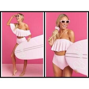 💕SHOW ME YOUR MUMU💕 Barbie Ruffle Bikini TOP Skipper Stripe Pink & White S NWT